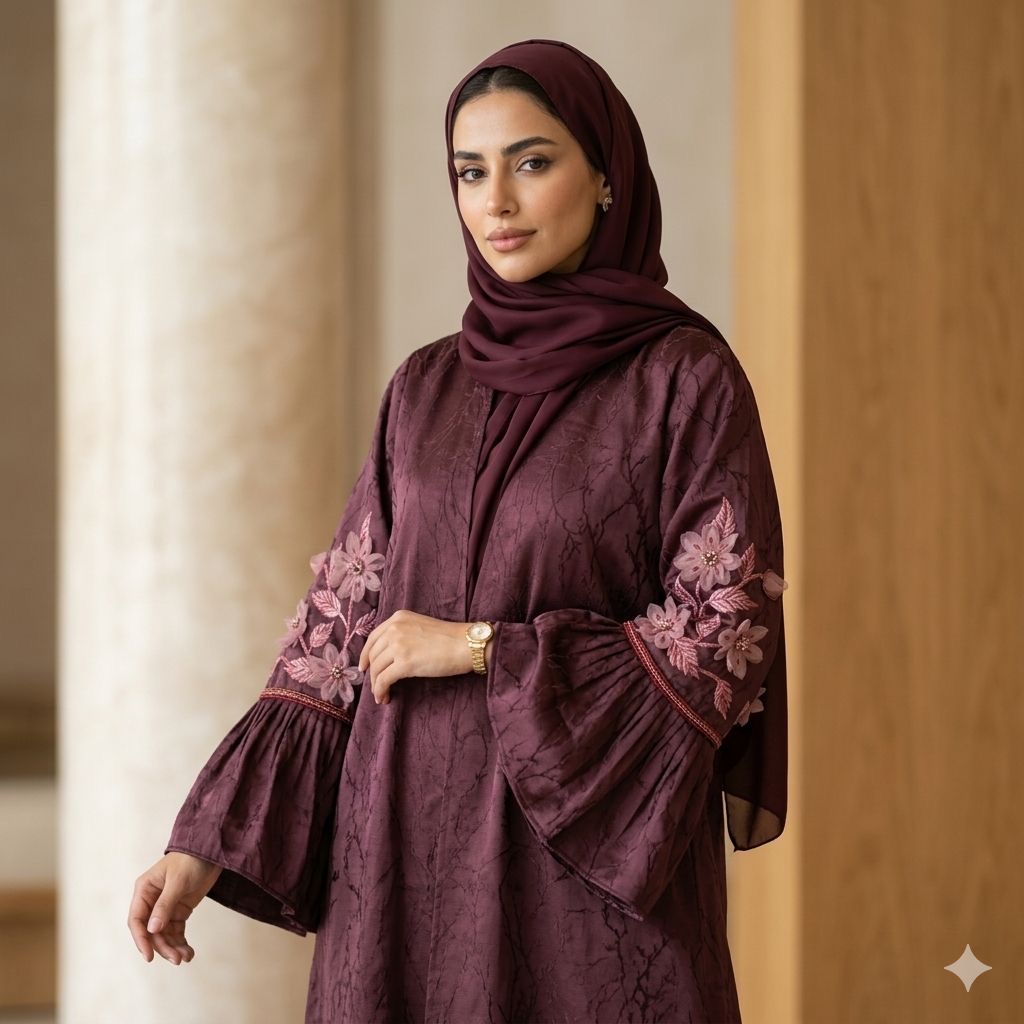 Burgundy Bloom Bell-Sleeve Abaya